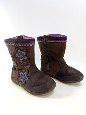 Surprize Toddler Brown & Purple Flower Side Zip Boots sz 9